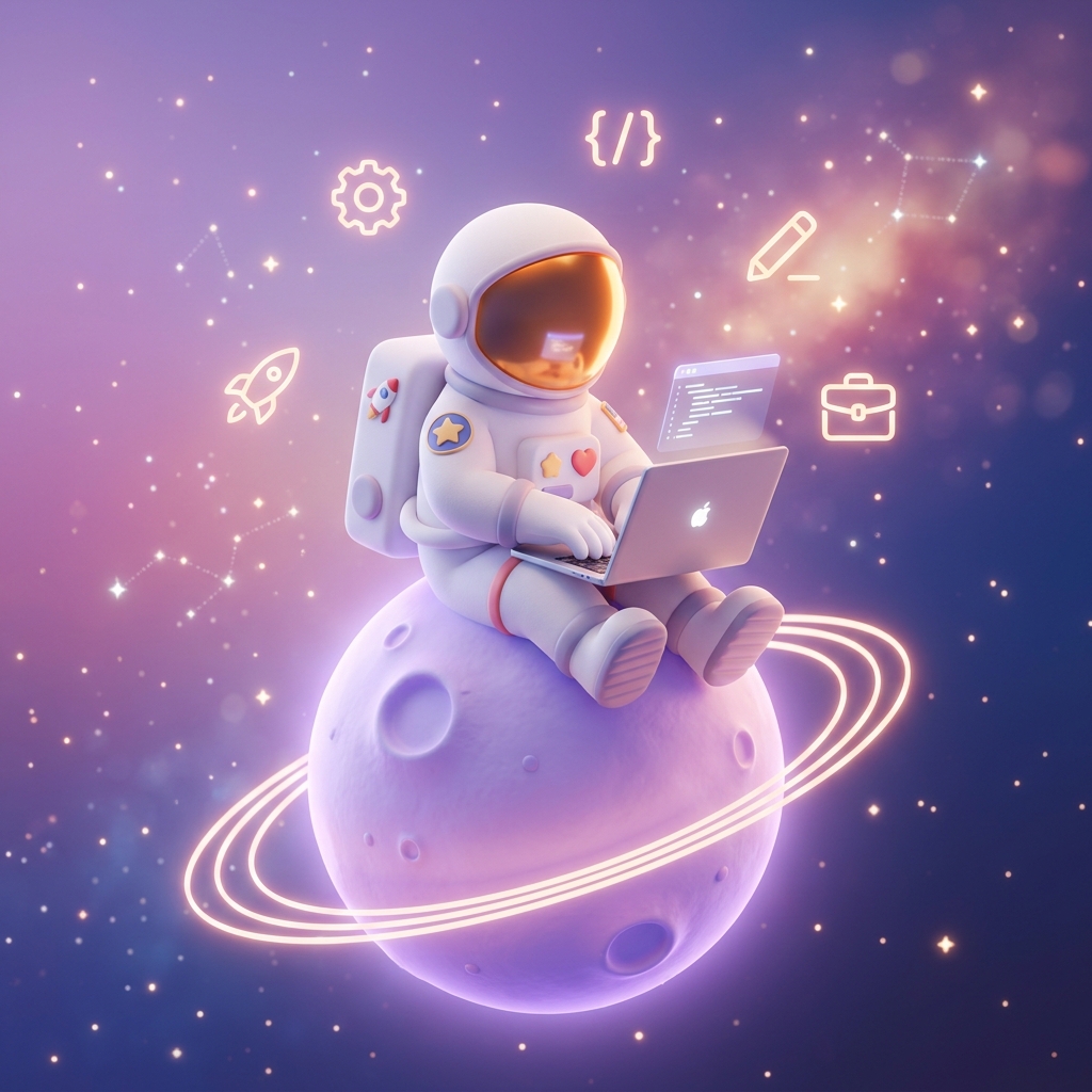 A cute astronaut sitting peacefully on a glowing lavender planet while working on a laptop